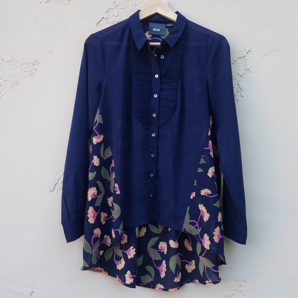 Maeve Anthropologie Navy Pintuck Blouse Top Size 2